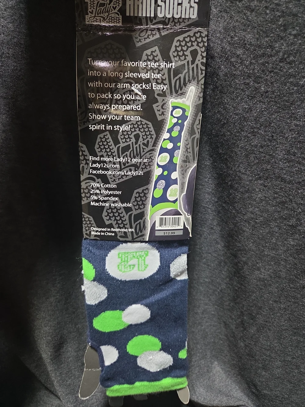 SEAHAWKS Arm Socks - Navy with Green & White Dots